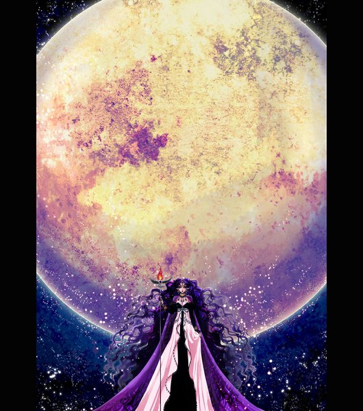 Anime picture 1000x1132 with bishoujo senshi sailor moon toei animation queen nehelenia single long hair tall image black hair holding sky purple hair pointy ears wavy hair crescent space eyes girl dress hair ornament wings moon