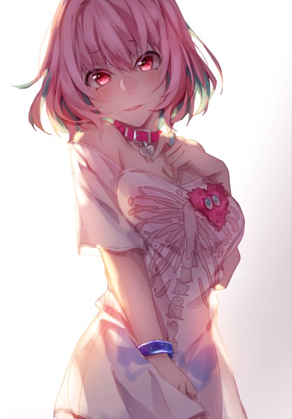 Anime picture 1080x1548 with idolmaster idolmaster cinderella girls yumemi riamu p-mou single tall image looking at viewer blush fringe short hair breasts open mouth simple background hair between eyes red eyes standing white background holding pink hair cleavage