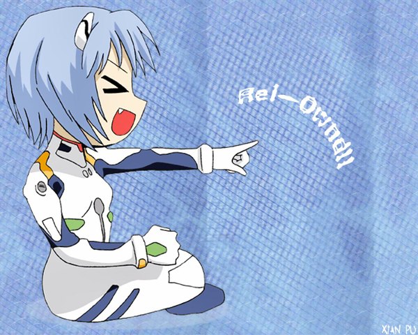 Anime picture 1280x1024 with neon genesis evangelion gainax ayanami rei chibi pointing pilot suit