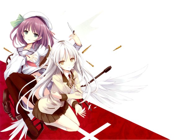 Anime picture 2560x1920 with angel beats! key (studio) tachibana kanade nakamura yuri long hair highres short hair simple background blonde hair multiple girls green eyes yellow eyes pink hair white hair angel wings girl uniform 2 girls school uniform gun