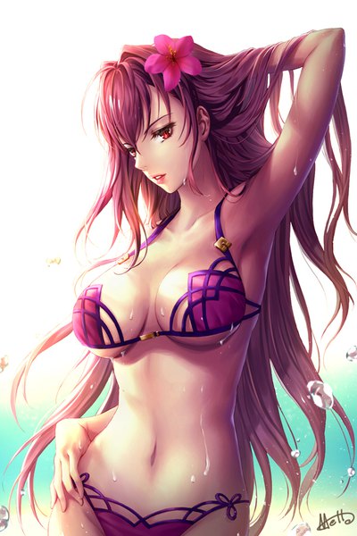 イラスト 580x870 と Fateシリーズ fate/grand order scathach (fate) (all) スカサハ(水着) metto ソロ 長髪 長身像 カメラ目線 おっぱい light erotic simple background 赤い目 大きな乳房 signed purple hair hair flower armpit (armpits) wet 腰に手