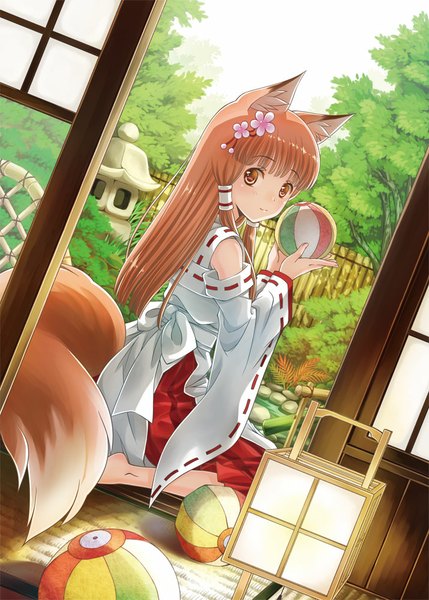Anime picture 715x1000 with original akisaki rio riolabo single long hair tall image looking at viewer brown hair sitting brown eyes animal ears tail traditional clothes animal tail fox ears fox tail fox girl girl hair ornament plant (plants)