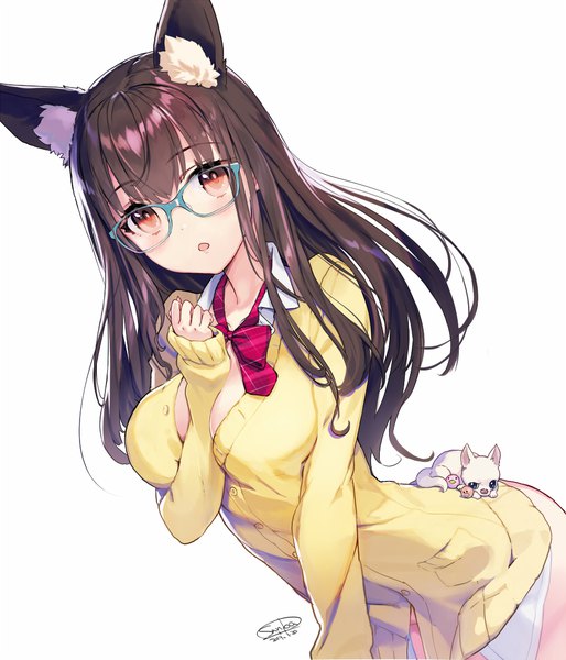 Anime picture 942x1100 with original sanbasou single long hair tall image looking at viewer blush fringe breasts open mouth light erotic simple background hair between eyes brown hair standing white background brown eyes signed animal ears :o