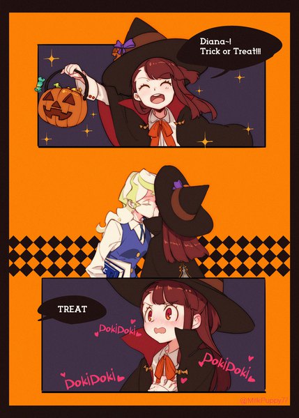 Anime picture 777x1087 with little witch academia studio trigger kagari atsuko diana cavendish milk puppy long hair tall image blush open mouth blonde hair red eyes brown hair multiple girls eyes closed border shoujo ai halloween multiview ^ ^ kiss