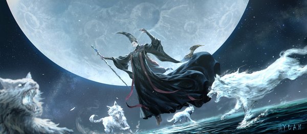 Anime picture 2500x1094 with elden ring rennala queen of the full moon xuchaoyuan single highres wide image holding signed full body night wide sleeves arms up night sky flying girl hat animal water moon full moon