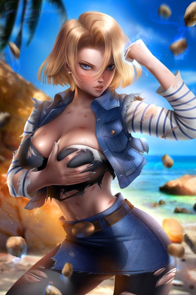 Anime picture 3000x4500 with dragon ball dragon ball z android 18 ayyasap single tall image looking at viewer blush fringe highres short hair breasts blue eyes light erotic blonde hair hair between eyes large breasts standing signed payot