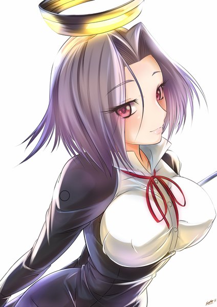 Anime picture 848x1200 with kantai collection tatsuta light cruiser pokpakman single tall image looking at viewer short hair breasts simple background red eyes large breasts white background purple hair girl dress halo