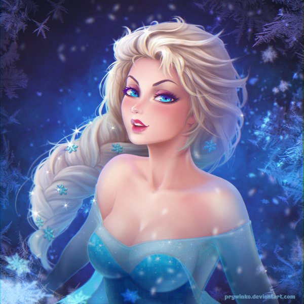 Anime picture 2000x2000 with frozen (disney) disney elsa (frozen) olga narhova single long hair looking at viewer blush highres breasts blue eyes blonde hair bare shoulders signed braid (braids) parted lips lips realistic teeth lipstick