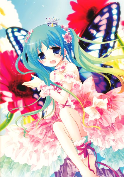 Anime picture 4896x6948 with sakurazawa izumi single long hair tall image blush highres open mouth blue eyes twintails absurdres hair flower green hair insect wings butterfly wings girl dress hair ornament flower (flowers) bow crown