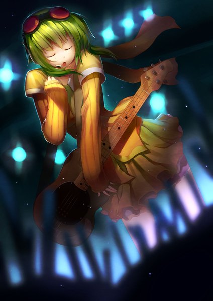 Anime picture 1240x1754 with vocaloid gumi fs-project (artist) single tall image short hair open mouth eyes closed green hair dutch angle singing girl skirt miniskirt sweater musical instrument goggles guitar headset