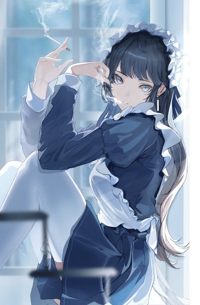 Anime picture 2685x4093 with original marumoru single long hair tall image looking at viewer fringe highres black hair sitting bent knee (knees) indoors blunt bangs long sleeves pleated skirt blurry arms up maid puffy sleeves smoke
