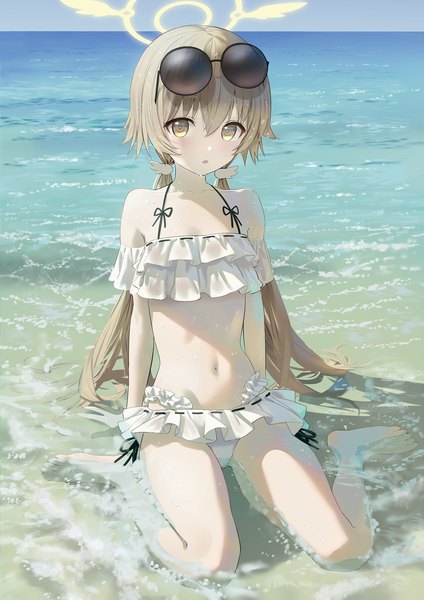 Anime picture 1447x2047 with blue archive hifumi (blue archive) hifumi (swimsuit) (blue archive) wasabi60 single long hair tall image fringe blonde hair hair between eyes sitting twintails yellow eyes partially submerged low twintails official alternate costume wariza sunglasses on head girl swimsuit