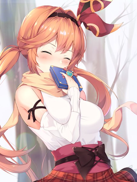 Anime picture 1391x1848 with granblue fantasy clarisse (granblue fantasy) ranju aira single long hair tall image blush fringe breasts hair between eyes standing twintails bare shoulders holding payot outdoors eyes closed orange hair low twintails plaid skirt