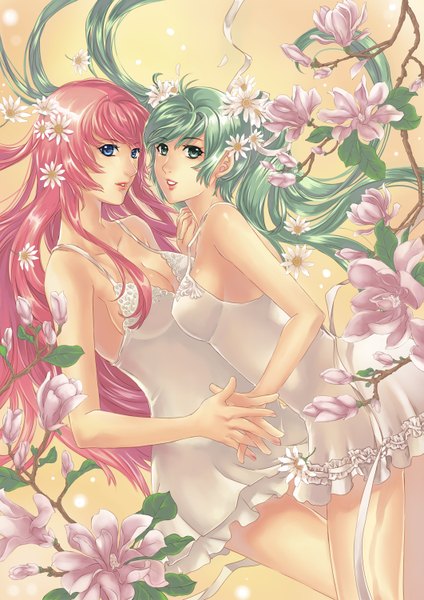 Anime picture 1061x1500 with vocaloid hatsune miku megurine luka veggiesexy long hair tall image looking at viewer blue eyes twintails bare shoulders multiple girls green eyes pink hair hair flower green hair holding hands girl hair ornament flower (flowers) 2 girls