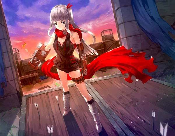 Anime picture 1506x1175 with original pixiv fantasia pixiv fantasia t kfr single long hair looking at viewer fringe standing sky cloud (clouds) grey hair sunlight grey eyes side ponytail evening sunset girl water socks