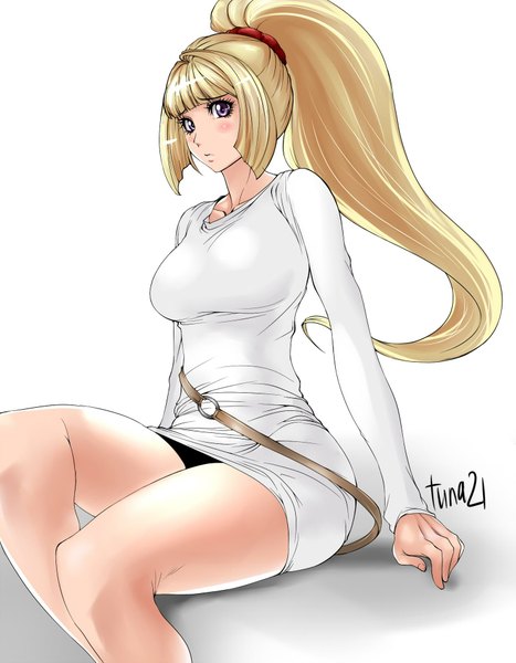 Anime picture 1500x1925 with mobile suit gundam gundam tekketsu no orphans sunrise (studio) kudelia aina bernstein tuna21 single tall image looking at viewer blush fringe breasts large breasts white background sitting purple eyes signed cleavage bent knee (knees) ponytail fingernails