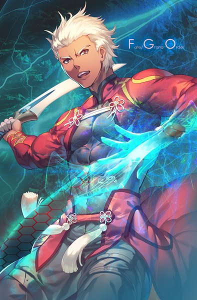 Anime picture 526x800 with fate (series) fate/grand order archer (fate) yoshimoto (dear life) single tall image short hair open mouth red eyes looking away white hair copyright name dark skin boy weapon tassel