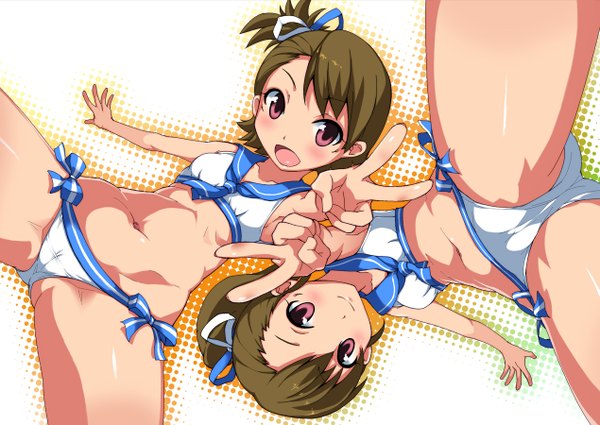 Anime picture 1270x900 with idolmaster idolmaster (classic) futami mami futami ami imazon blush short hair open mouth light erotic smile red eyes brown hair multiple girls victory sailor swimsuit (idolmaster) girl navel 2 girls swimsuit