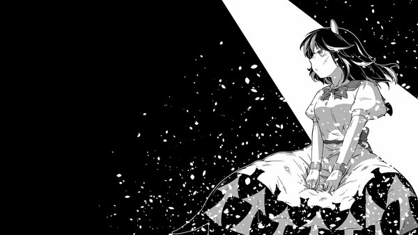 Anime picture 1920x1080 with touhou kijin seija sunatoshi single highres black hair simple background wide image looking away profile multicolored hair horn (horns) sparkle short sleeves wallpaper puffy sleeves black background monochrome outline girl