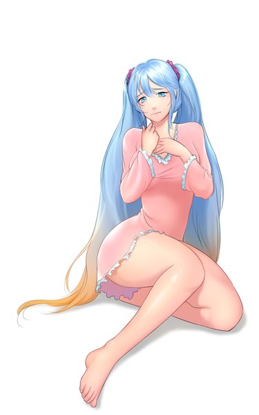Anime picture 1000x1600 with league of legends sona buvelle reirano (artist) single long hair tall image looking at viewer blush blue eyes simple background white background twintails multicolored hair legs gradient hair girl dress