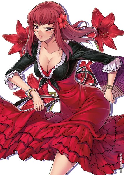 Anime picture 1218x1720 with unbalance unbalance park jae-kyung soo-hyon lee single long hair tall image blush breasts light erotic smile red eyes red hair hair flower girl dress hair ornament flower (flowers) fan