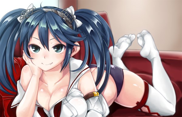 Anime picture 1250x800 with kantai collection isuzu light cruiser parabora (nipplemokuba) single long hair looking at viewer blush breasts blue eyes light erotic smile twintails blue hair girl thighhighs hair ornament bow hair bow white thighhighs hairband