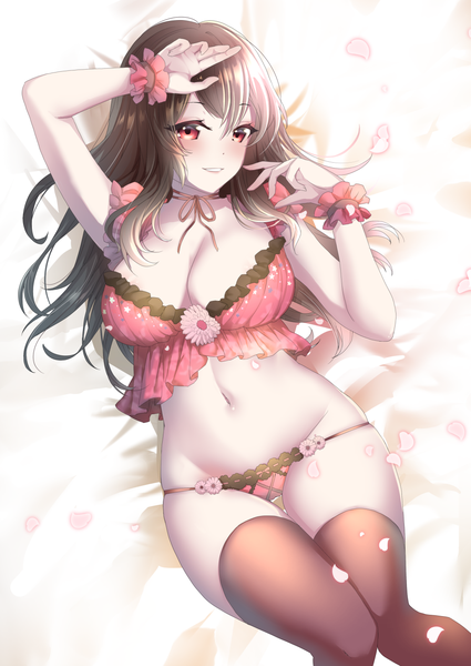 Anime picture 1032x1457 with original tooga mashiro single long hair tall image looking at viewer blush fringe breasts light erotic smile hair between eyes red eyes brown hair large breasts cleavage lying parted lips arm up on back
