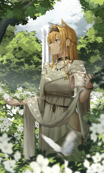 Anime picture 2470x4093 with arknights horn (arknights) horn (to effloresce whitely) (arknights) ressec single long hair tall image fringe highres blue eyes blonde hair hair between eyes animal ears looking away outdoors profile official alternate costume half updo nature girl