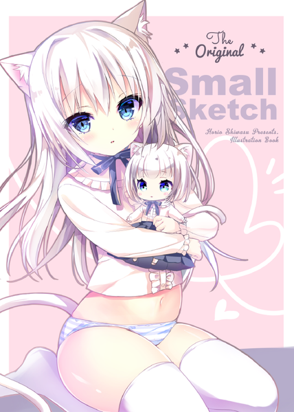 Anime picture 675x945 with original shiwasu horio single long hair tall image looking at viewer blush fringe blue eyes light erotic simple background hair between eyes sitting holding animal ears white hair tail parted lips animal tail cat ears