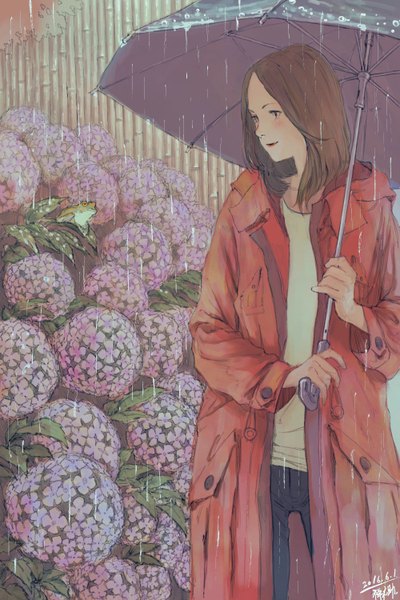 Anime picture 2000x3000 with original zennosuke single tall image blush highres short hair brown hair standing signed looking away light smile dated rain summer girl flower (flowers) umbrella cloak hydrangea
