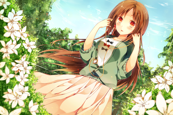 Anime picture 1500x1000 with original komeshiro kasu single long hair looking at viewer blush red eyes brown hair girl dress flower (flowers) headphones digital media player