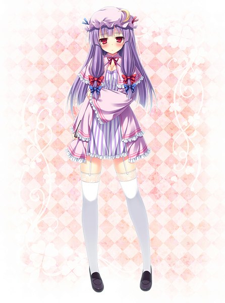 Anime picture 750x1008 with touhou patchouli knowledge xe (execut3r) single long hair tall image looking at viewer blush red eyes purple hair crescent girl thighhighs dress bow hair bow white thighhighs frills moon bonnet