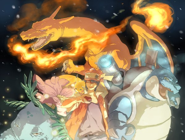 Anime picture 1300x985 with pokemon nintendo pikachu red (pokemon) charizard venusaur blastoise fringe short hair smile red eyes hair over one eye teeth sharp teeth gen 1 pokemon boy shirt fire flat cap dragon