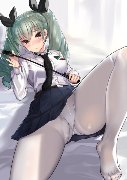 Anime picture 1251x1770 with girls und panzer anchovy (girls und panzer) kagematsuri single long hair tall image looking at viewer blush fringe light erotic hair between eyes twintails brown eyes bent knee (knees) lying parted lips head tilt pleated skirt green hair on back