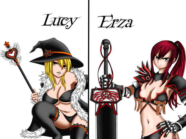 Anime picture 1600x1200 with fairy tail lucy heartfilia erza scarlet f4bl3-2 long hair open mouth light erotic blonde hair multiple girls brown eyes ponytail red hair inscription hand on hip coloring transparent background girl thighhighs navel weapon