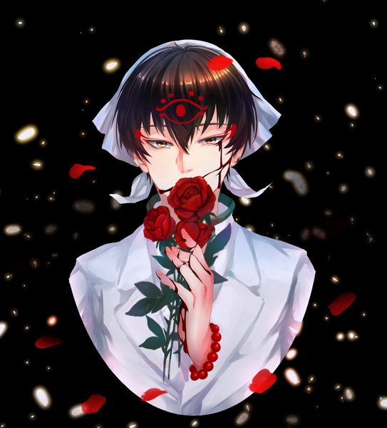 Anime picture 1400x1546 with hoozuki no reitetsu wit studio hakutaku (hoozuki no reitetsu) wuhuohuohuo single tall image looking at viewer fringe short hair black hair hair between eyes holding yellow eyes upper body black background portrait covered mouth blood on face boy flower (flowers)