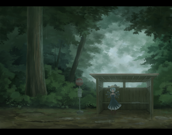 Anime picture 1716x1350 with touhou cirno sasaj single highres short hair blue eyes blue hair victory rain animated apng girl dress plant (plants) hat wings tree (trees)