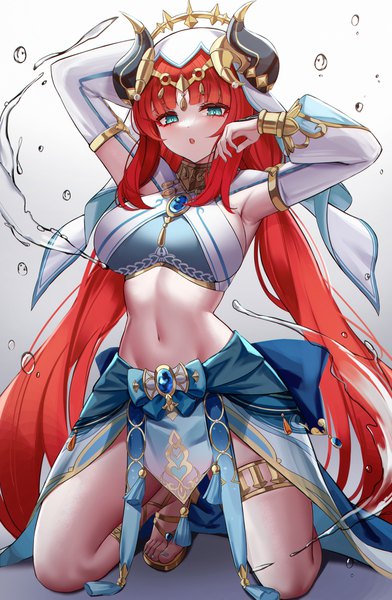 Anime picture 1635x2500 with genshin impact nilou (genshin impact) eternity (shadeh) single tall image looking at viewer blush fringe breasts open mouth light erotic simple background large breasts twintails full body red hair blunt bangs very long hair nail polish horn (horns)