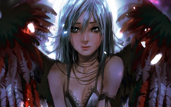 Anime picture 1920x1200 with original genki-de single long hair looking at viewer highres wide image bare shoulders silver hair light silver eyes girl wings