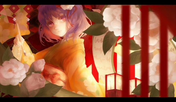Anime picture 1136x660 with touhou hieda no akyuu jyuui single blush fringe short hair wide image holding looking away purple hair traditional clothes japanese clothes hair flower lips girl hair ornament flower (flowers) bow ribbon (ribbons)
