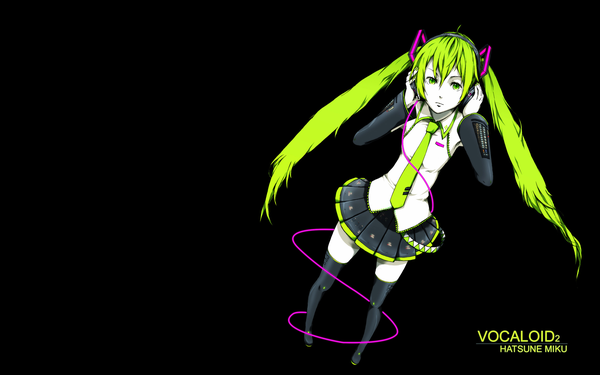 Anime picture 1920x1200 with vocaloid hatsune miku highres wide image green eyes green hair girl necktie headphones