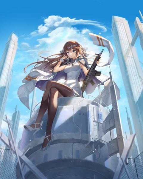 Anime picture 4000x5000 with counter:side soho (user dphk5745) single long hair tall image looking at viewer fringe highres breasts blue eyes smile hair between eyes brown hair sitting holding absurdres sky cloud (clouds) full body bent knee (knees)