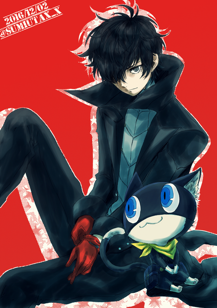 Anime picture 848x1200 with persona 5 persona amamiya ren morgana (persona 5) kawasemi sumika single tall image fringe short hair black hair simple background sitting signed black eyes hair over one eye twitter username dated red background boy gloves