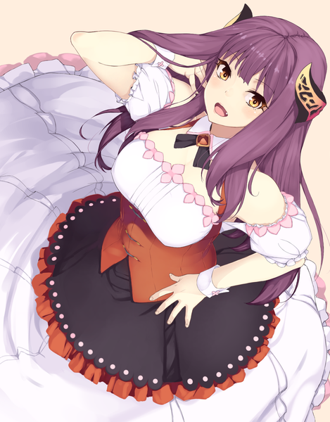 Anime picture 1330x1700 with akuma musume no kanban ryouri arte (akuma musume no kanban ryouri) kirisato itsuki single long hair tall image looking at viewer fringe breasts large breasts standing yellow eyes purple hair from above teeth fang (fangs) puffy sleeves adjusting hair looking up girl