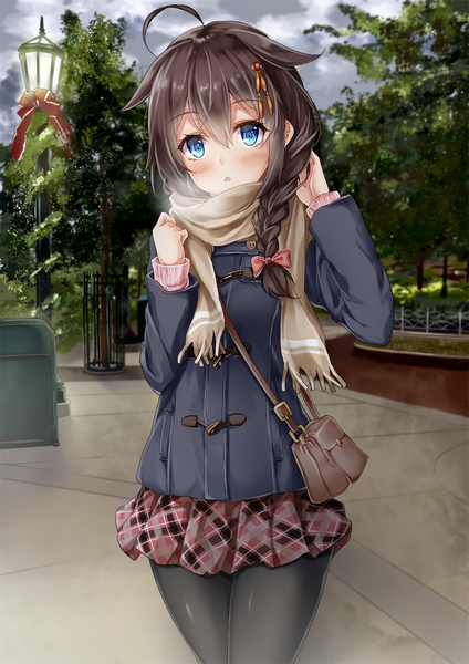 Anime picture 868x1228 with kantai collection shigure destroyer marisasu (marisa0904) single long hair tall image looking at viewer blush blue eyes black hair ahoge braid (braids) girl skirt bow plant (plants) hair bow miniskirt pantyhose tree (trees)