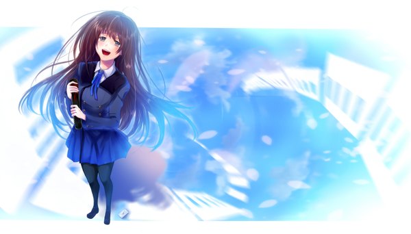 Anime picture 2800x1600 with original karo karo single long hair blush highres open mouth blue eyes black hair wide image girl uniform school uniform