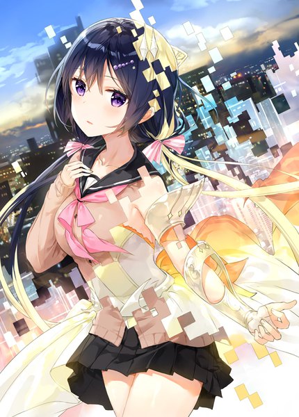 Anime picture 600x837 with kakuchou gensou sacrifice shiranui kirika sumika (kakuchou gensou sacrifice) fuumi (radial engine) single long hair tall image looking at viewer blush fringe breasts black hair hair between eyes purple eyes twintails pleated skirt low twintails city cityscape transformation