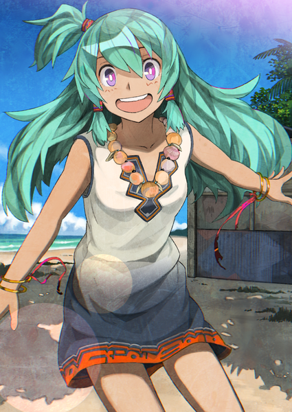Anime picture 724x1023 with original rano single long hair tall image looking at viewer open mouth purple eyes payot sky cloud (clouds) aqua hair teeth shadow beach one side up happy spread arms girl dress