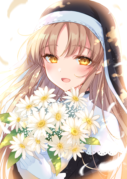 Anime picture 1013x1432 with virtual youtuber nijisanji sister cleaire 2980 single long hair tall image looking at viewer blush open mouth brown hair yellow eyes upper body wind nun girl gloves flower (flowers) white gloves bouquet