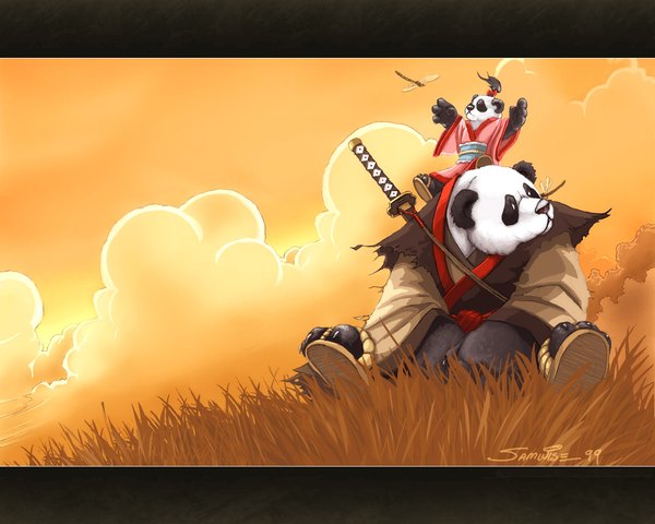 Anime picture 1280x1024 with world of warcraft warcraft blizzard entertainment samwise didier signed sky cloud (clouds) letterboxed no people weapon plant (plants) animal sword insect grass panda dragonfly